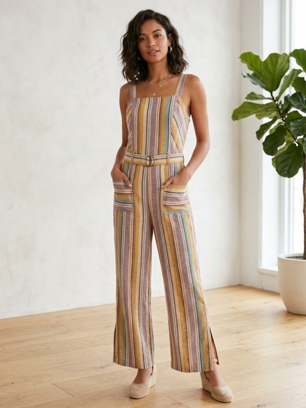 Ellejay Free People Holly Pastel Rainbow Striped Linen Blend Cropped Jumpsuit